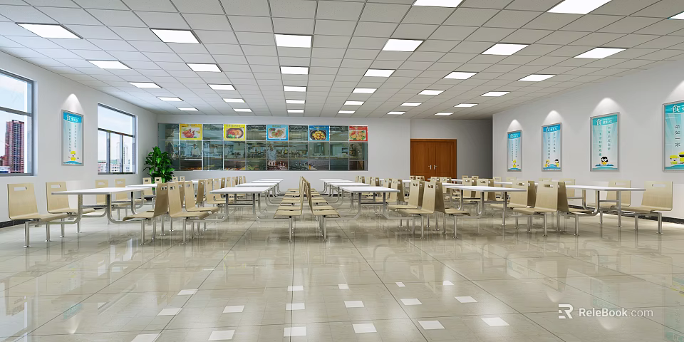 Spacious Dining Hall Interior With Tables Chairs Square Ceiling Lights And Wall Posters 3d model