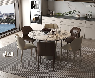 Marble Dining Table and Chair Combination Round Rock Plate Dining Table Leather Backrest Chair Wine Cabinet Vase 3d model