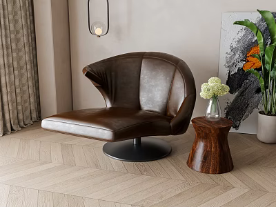 Modern Brown Leather Leisure Chair With Round Base And Wooden Side Table White Flowers 3d model