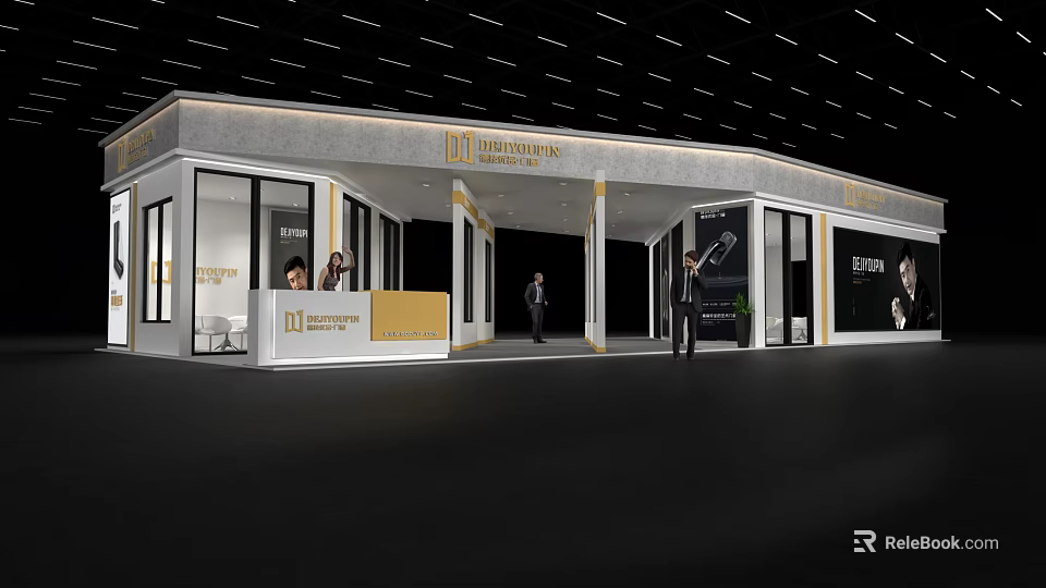 Modern Exhibition Booth Design With Glass Facade Reception Counter And Brand Display Area 3d model 