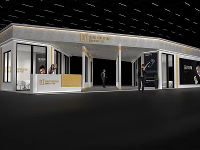 Modern Exhibition Booth Design With Glass Facade Reception Counter And Brand Display Area 3d model