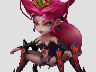 Game Character With Pink Hair Green Gem Crown Red Black Outfit Striped Tail And Armor 3d model