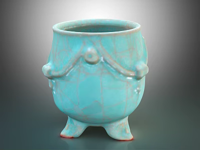 Light Blue Ceramic Decorative Ornament Set With Crackle Texture And Three Footed Base 3d model