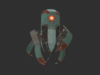 Rusted Green Mechanical Weapon With Red Star And Claw Like Arms 3d model