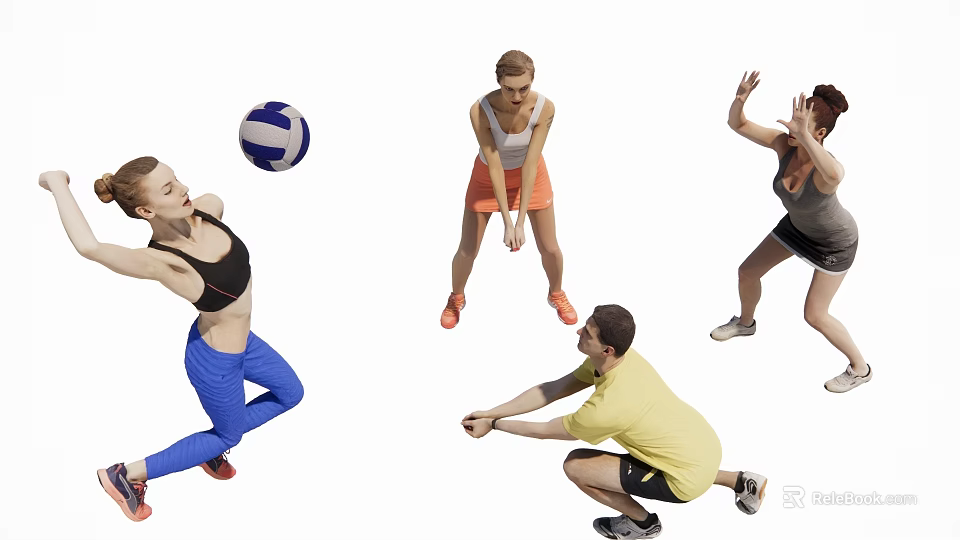 Active Group of People Playing Volleyball on Outdoor Court Enjoying Team Sport Game 3d model 
