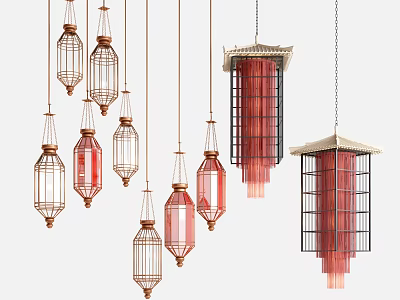 Chinese Style Cage Design Chandeliers With Red Accents And Metal Frames For Home Decor 3d model
