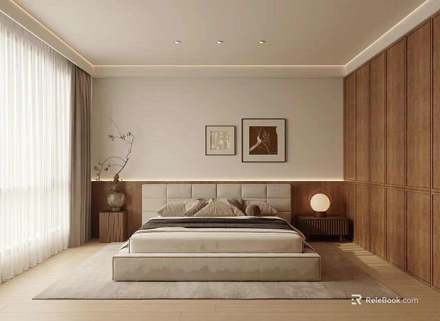 Minimalist Modern Bedroom Interior With Wooden Panel Walls Comfortable Bed Soft Rug And Framed Artworks 3d model 