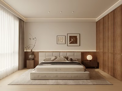 Minimalist Modern Bedroom Interior With Wooden Panel Walls Comfortable Bed Soft Rug And Framed Artworks 3d model