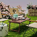 Exhibition Tables And Chairs Setup At Smart Outdoor Event With Flowers And Grass Decoration