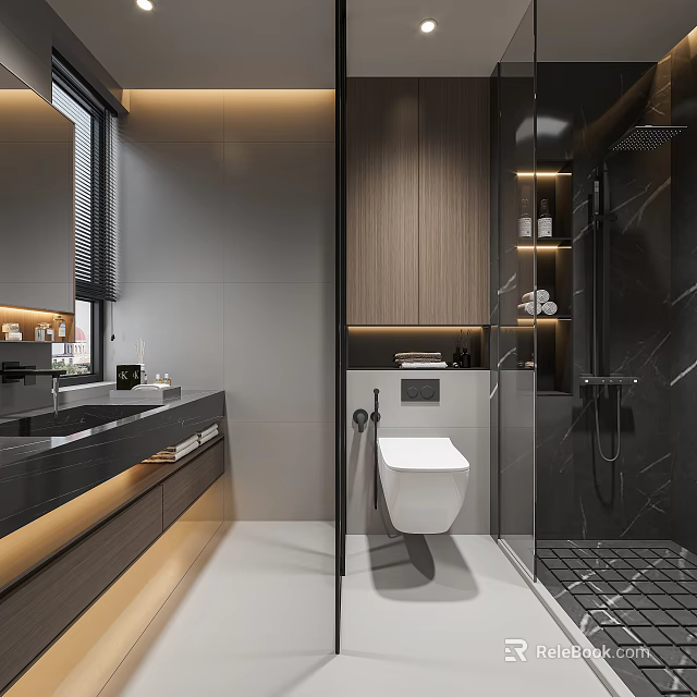 Modern Luxury Bathroom Interior Design With Warm Hidden Lighting Glass Shower Enclosure And Floating Vanity 3d model 