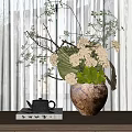Rustic Ceramic Vase With White Flowers Green Leaves And Branches In Living Room Interior