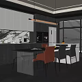 Modern Restaurant Interior With Dark Cabinets Dining Table Pendant Lights And Large Windows