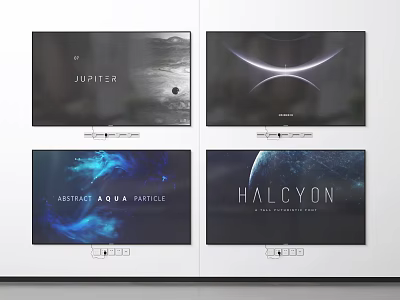 Computer Screens Displaying Jupiter Planet Abstract Curves Aqua Particles And Halcyon Themes 3d model
