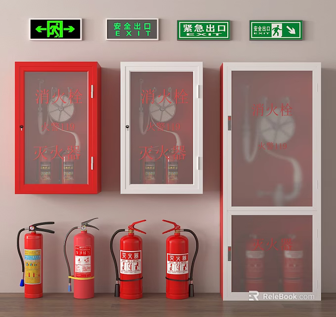 Red Fire Extinguishers and Hydrant Cabinets Mounted on Wall as Fire Equipment 3d model