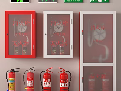 Red Fire Extinguishers and Hydrant Cabinets Mounted on Wall as Fire Equipment 3d model