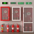 Red Fire Extinguishers and Hydrant Cabinets Mounted on Wall as Fire Equipment 3d model