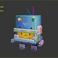3D Cartoon Blue Robot Character With Mechanical Arms Antenna Yellow Face And Orange Eyes