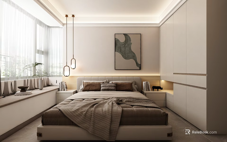 Modern Minimalist Bedroom Interior With Abstract Painting Large Windows White Wardrobes And Pendant Lights 3d model 