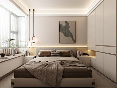 Modern Minimalist Bedroom Interior With Abstract Painting Large Windows White Wardrobes And Pendant Lights 3d model