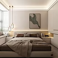 Modern Minimalist Bedroom Interior With Abstract Painting Large Windows White Wardrobes And Pendant Lights