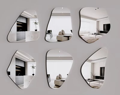 Irregular Shaped Mirrors Reflecting Stylish Modern Interior Design Elements In Living Rooms 3d model