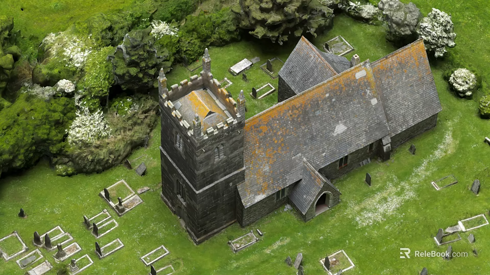 Cartoon Style Church Graveyard Scene With Green Grass Trees And Tombstones 3d model 