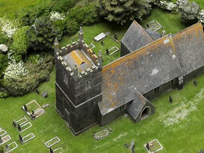 Cartoon Style Church Graveyard Scene With Green Grass Trees And Tombstones 3d model