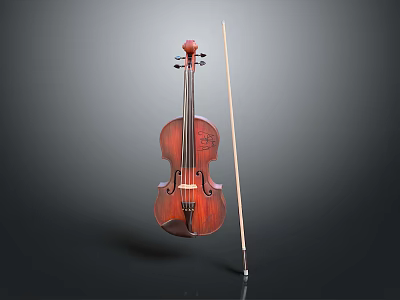 Classic Brown Wooden Violin With Bow As Elegant Household Musical Instrument 3d model