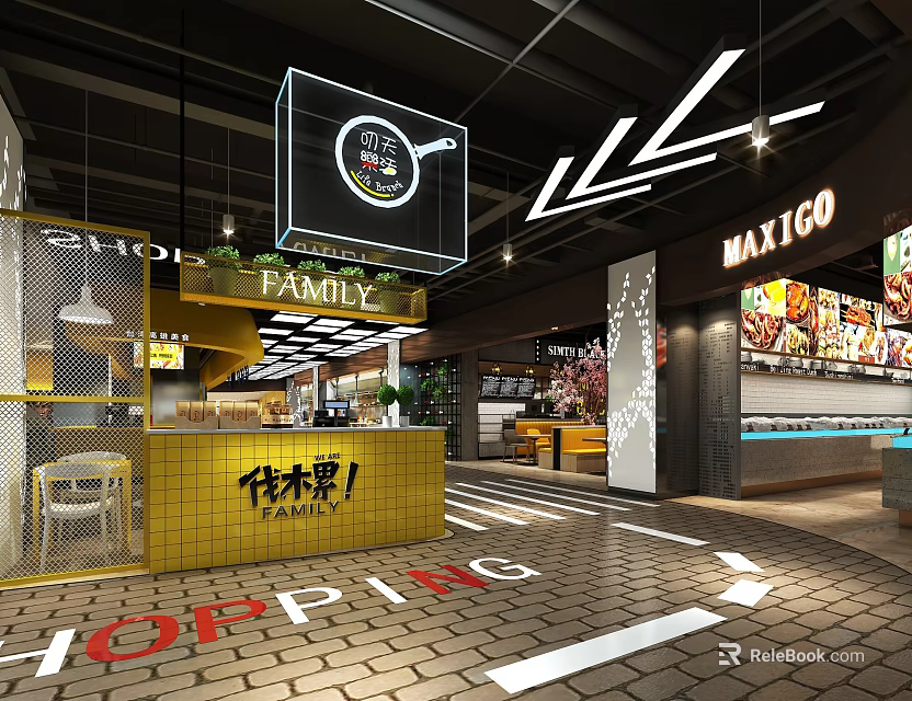 Modern Shopping Mall Hall With Family Sign Yellow Counter And Food Court Elements 3d model 