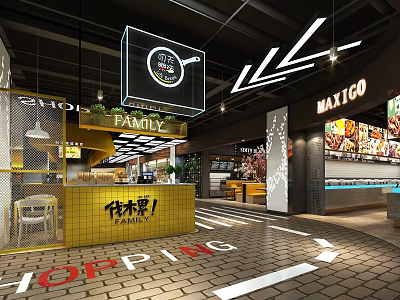 Modern Shopping Mall Hall With Family Sign Yellow Counter And Food Court Elements 3d model