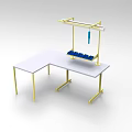 Functional Desk with White Tabletop Gold Frame and Overhead Blue Storage Shelf