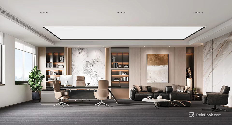 Modern Office Interior Design With Office Desk Chairs Sofa Area And Decorative Painting 3d model 