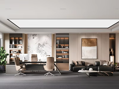 Modern Office Interior Design With Office Desk Chairs Sofa Area And Decorative Painting 3d model