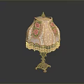 Decorative Lighting Combination With Pink Rose Patterned Lace Shade Metal Base Beaded Fringe Table Lamp