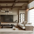 Modern Living Room Interior With Wooden Ceiling Beams Chandelier TV Wall Sofa And Coffee Table
