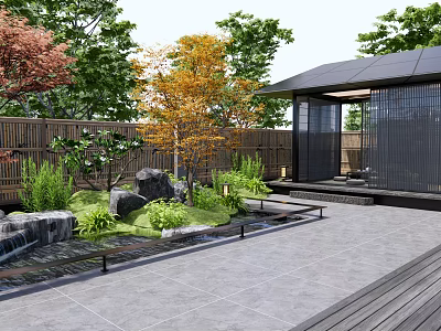 Serene Japanese Garden Courtyard Featuring Bamboo Fence Maple Trees Rocks Waterfall And Stone Patio 3d model