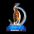 Martell Bottles and Whiskey Glasses with Amber Liquid in Silver Curved Stands on Blue Bases