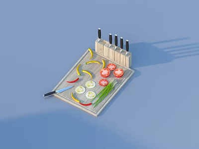 Practical Kitchen Utensils Set With Cutting Board Knives And Fresh Chopped Vegetables 3d model