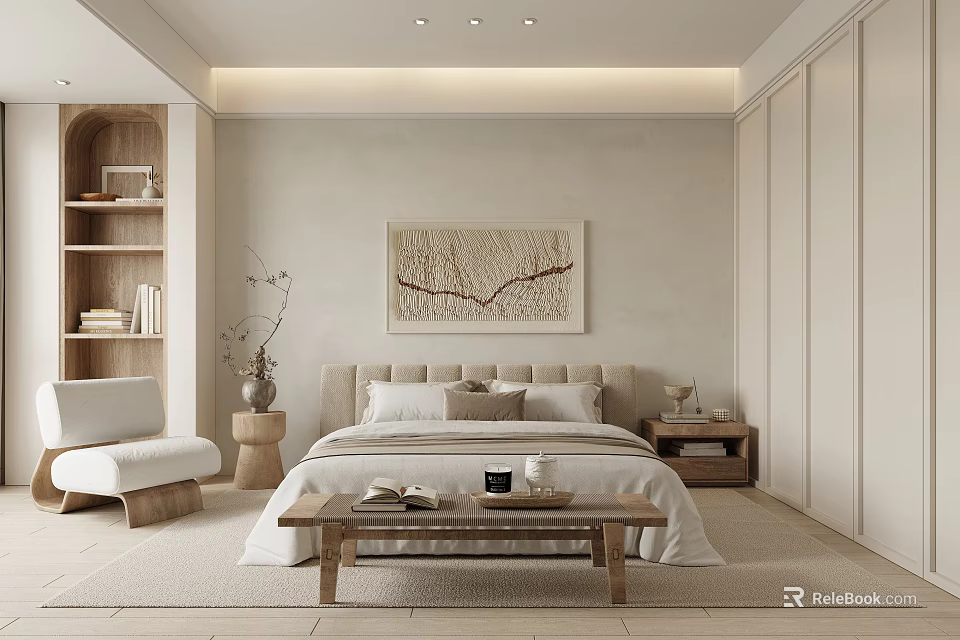 Neutral Toned Minimalist Bedroom Interior With Bed Bookshelf And Wall Art 3d model 
