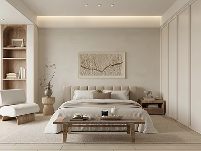 Neutral Toned Minimalist Bedroom Interior With Bed Bookshelf And Wall Art 3d model