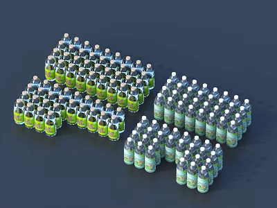 Neatly Arranged Bottled Drinks With Green And White Bottles Stacked On Dark Background 3d model
