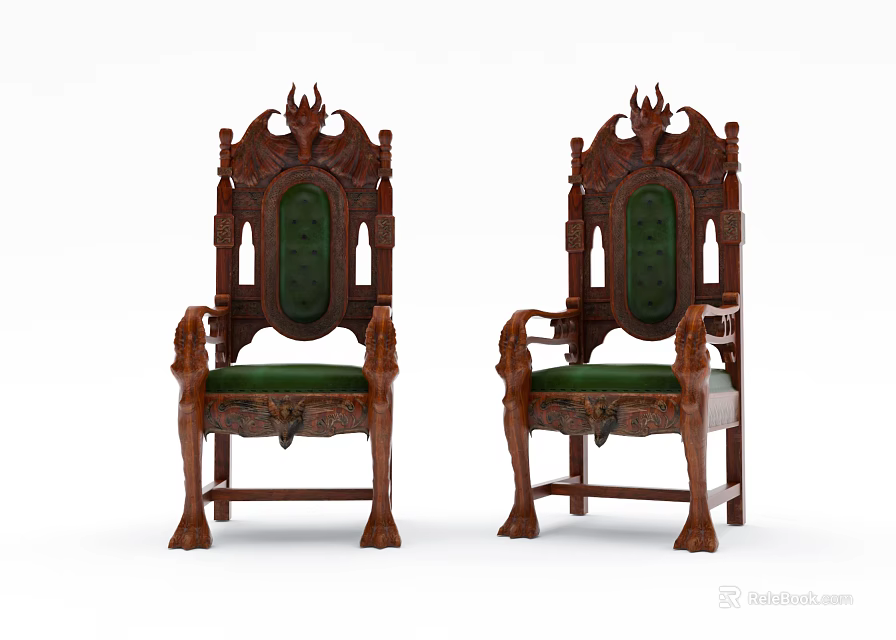 Pair of Ornate Classical Style Wooden Carved Armchairs With Green Upholstery 3d model 