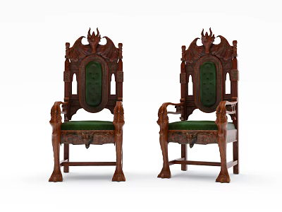 Pair of Ornate Classical Style Wooden Carved Armchairs With Green Upholstery 3d model