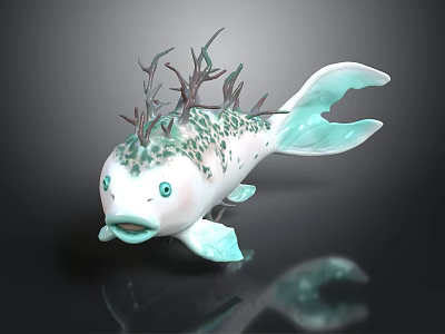 Artistic Spotted Fish with White Light Green Body and Decorative Plants on Head 3d model