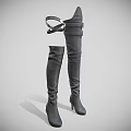 Black Leather Thigh High Boots With High Heels And Belt Buckles Design