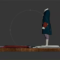 Traditional Dark Blue Coat On Mannequin With Green Purple Red Beige Fabrics On Wooden Platform