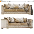 Elegant Modern Beige Two Seater Sofa With Soft Velvet Upholstery Decorative Pillows And Throw Blanket
