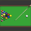 Billiard Table Interior With Green Felt Surface Colorful Balls Cue And White Cue Ball