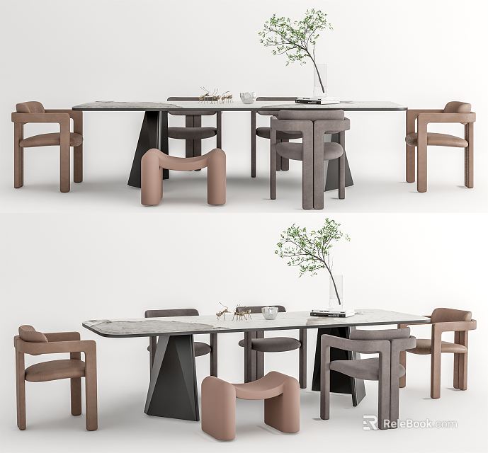 Modern Dining Table Set With Beige Chairs And Marble Tabletop Green Plant Decor 3d model 