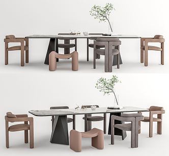 Modern Dining Table and Chair Combination Rock Board Long Table Flannel Dining Chair Green Plant Vase Ornaments Stool 3d model